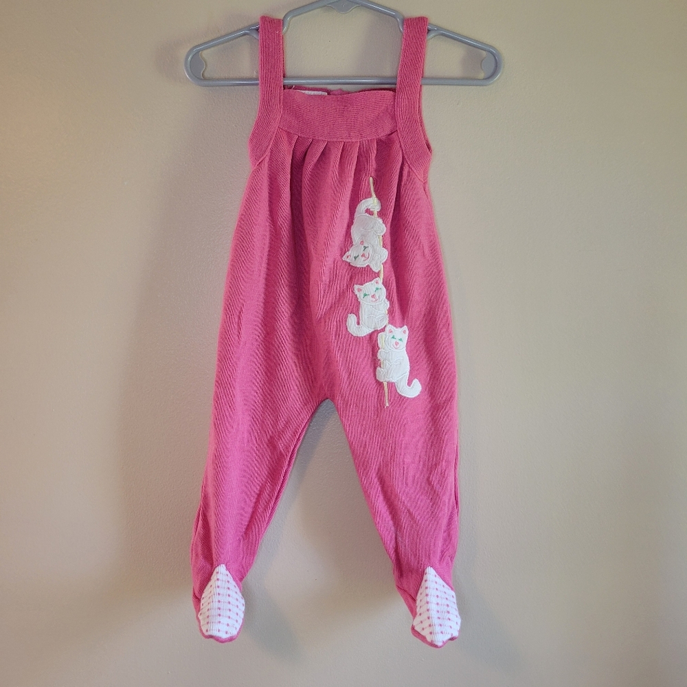 Vintage Cat Embroidered Pink One-Piece Infant Romper, Size 6-9M‎